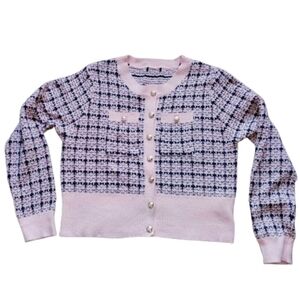 Lady Jacket Cardigan Sweater XL Pink Black Plaid Gold Buttons